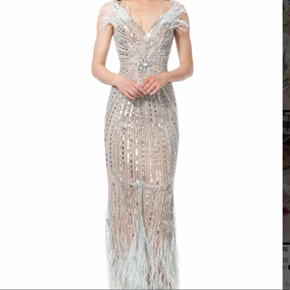 Jovani - 66234 Feathered Long Sheath Dress